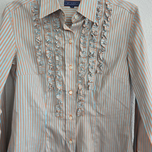 J McLaughlin Button Down Shirt Blue Orange Stripe Ruffle Front Cotton Sz 4 - Picture 9 of 12